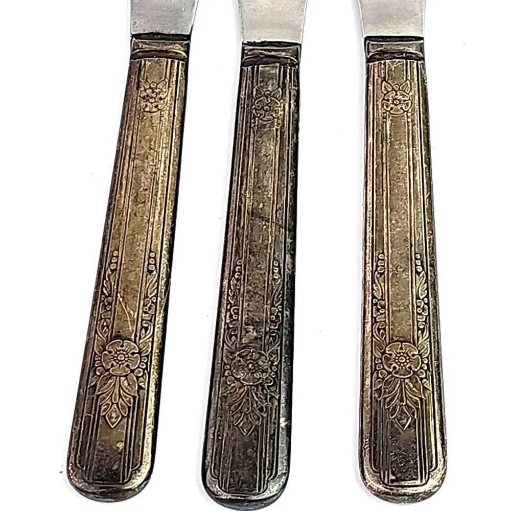 Vintage Silverplate Knife Set of 3 Elegant Floral Leaf Vertical Lines